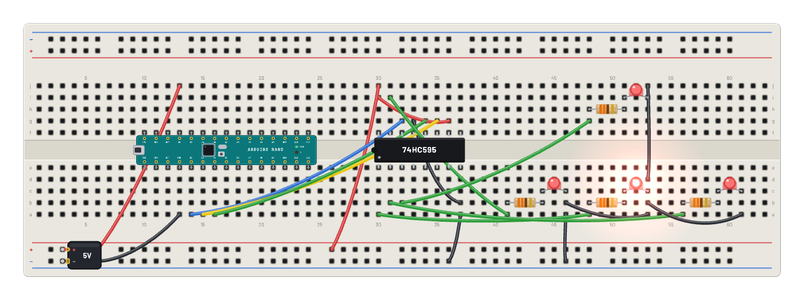 The 74HC595 binary counter circuit as rendered by the simulator