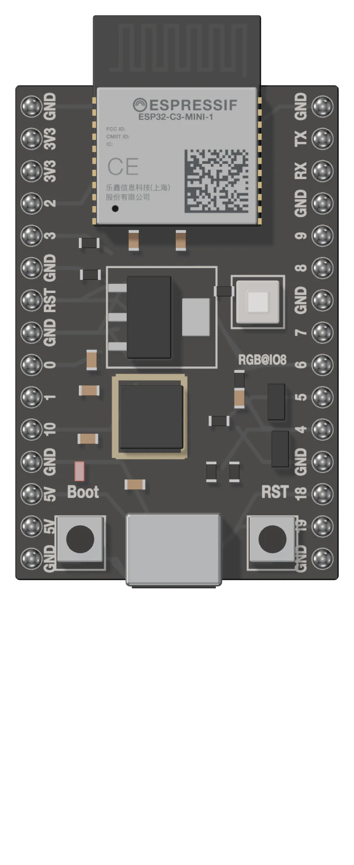 An ESP32-C3-DevKitM-1 on the desk, its USB cable plugged in and its red power LED lit.